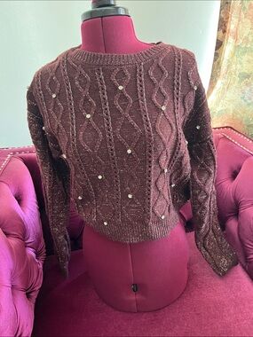 Forever 21 Burgundy Rhinestone-Trim Cable Knit Sweater Size Medium